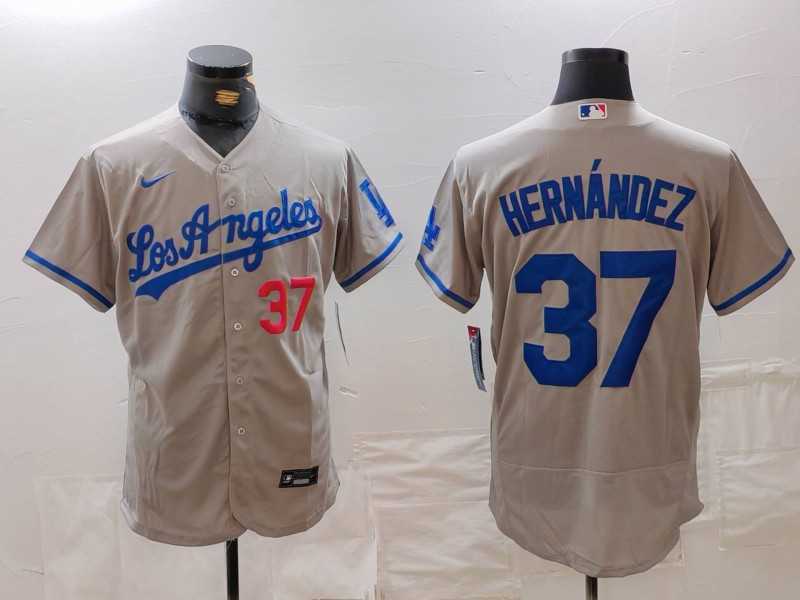 Mens Los Angeles Dodgers #37 Teoscar Hernandez Number Grey With Los Flex Base Stitched Jersey